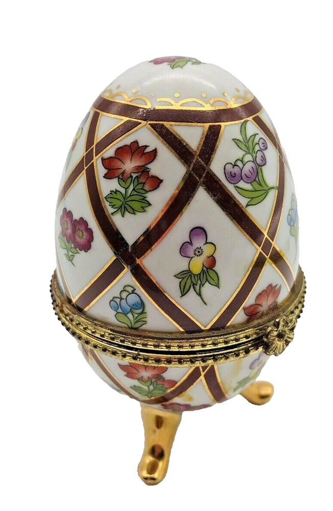 Vintage Floral Porcelain Egg Trinket Box with Gold Trim Footed Base  