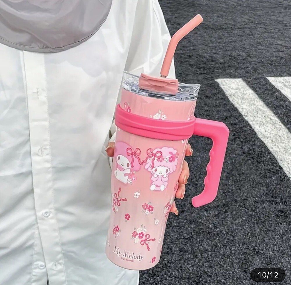 My Melody Large Insulated Travel Tumbler with Handle and Straw for Hot & Cold Drinks