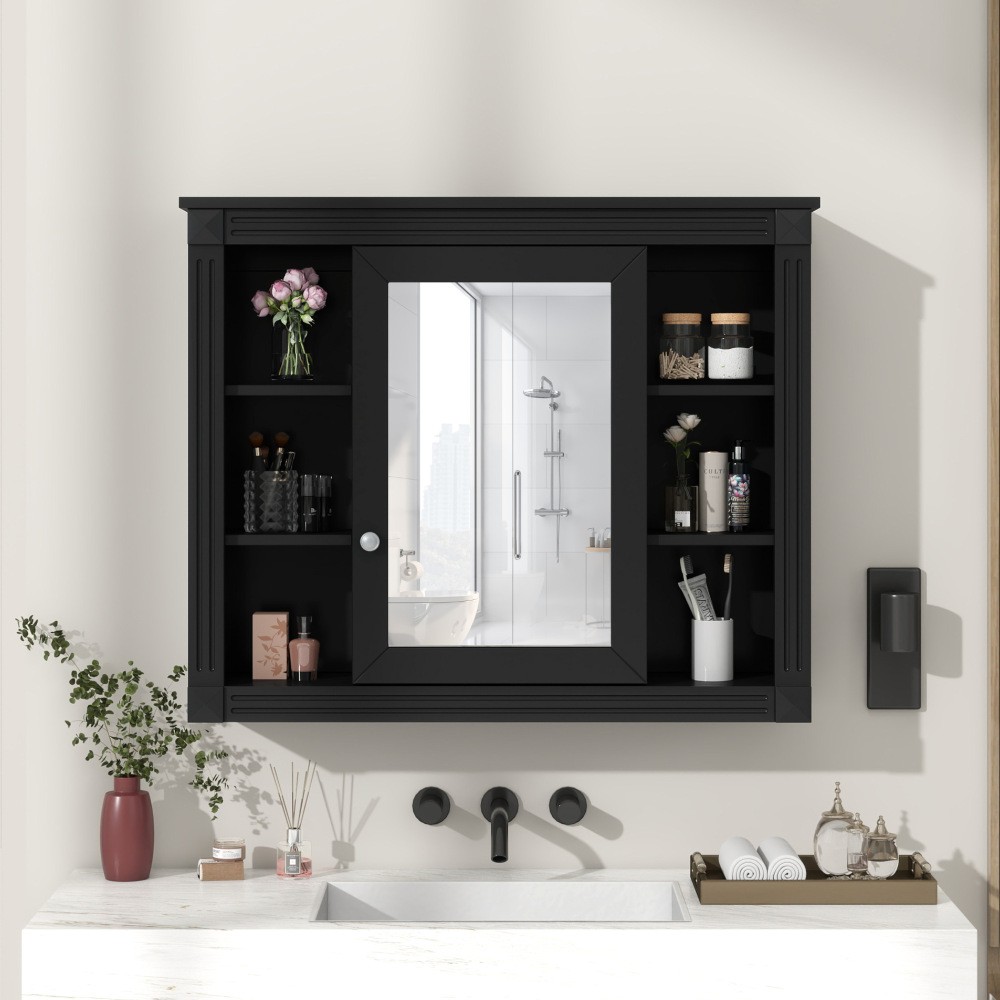 Wall Mounted Bathroom Storage Cabinet W Mirror 6 Open Shelves