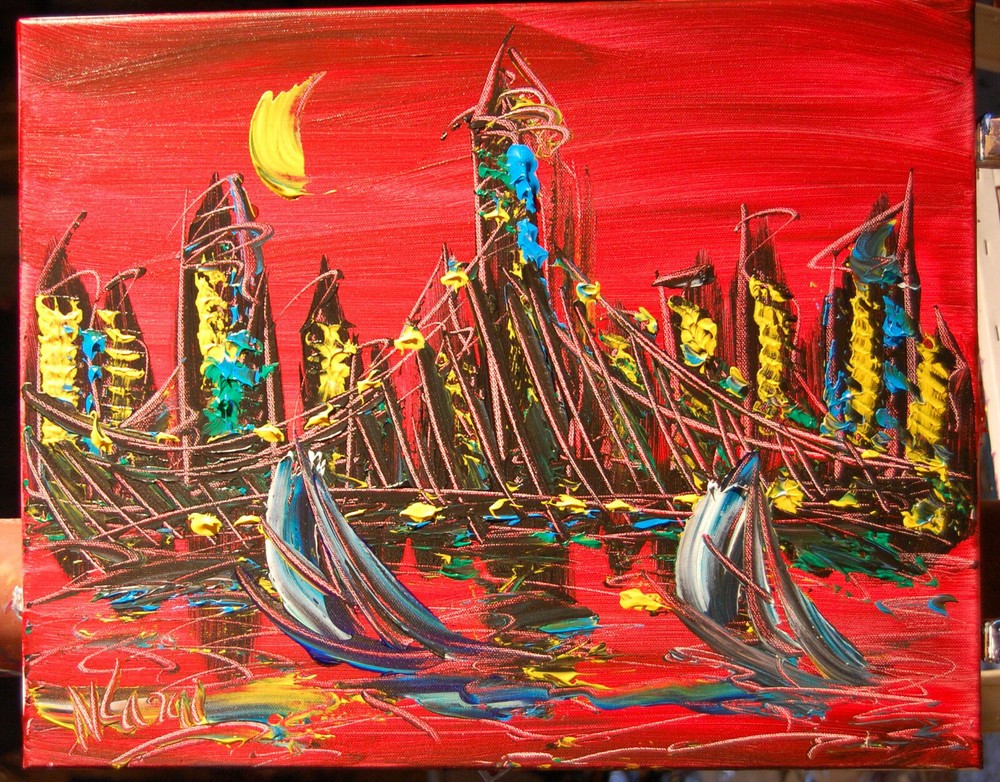 RED SKY   MARK KAZAV - ORIGINAL OIL PAINTING ABSTRACT MODERN ART RED BLUE 5HT