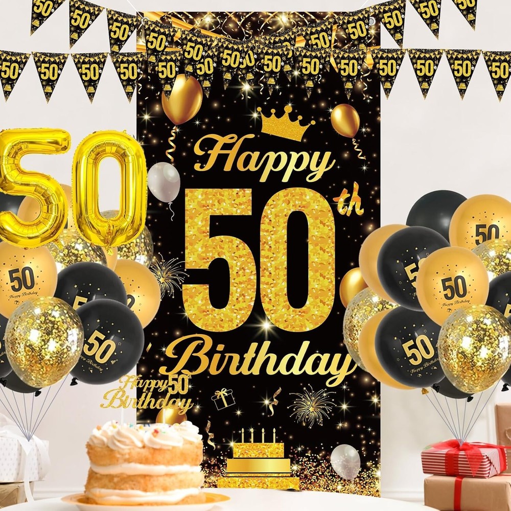 50Th Birthday Decorations Set - Black and Gold Birthday Balloons, Banners, Cake