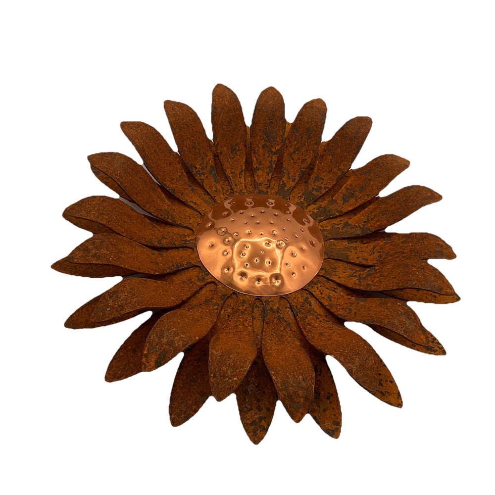 Large 15” Rusty Sunflower W/copper Colored Center Garden Decor Hangs On Rod