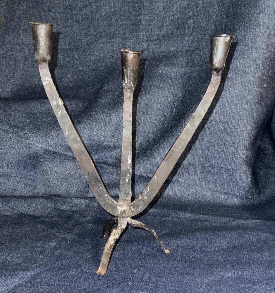 Vtg Brutalist Wrought Iron 3 Arm Tripod Base Candelabra Candle Holder Goth Art