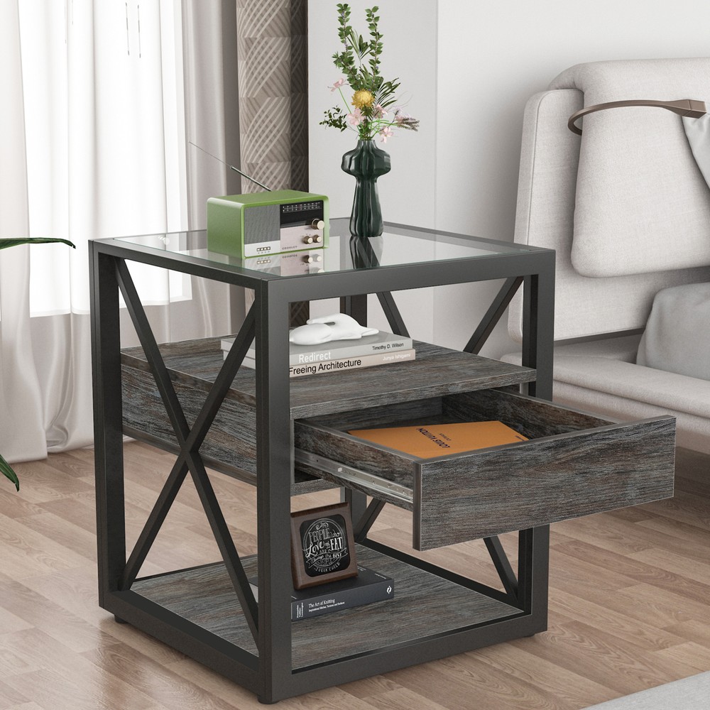 Industrial Modern Wood End Table with Drawer - Nightstand or Side Table