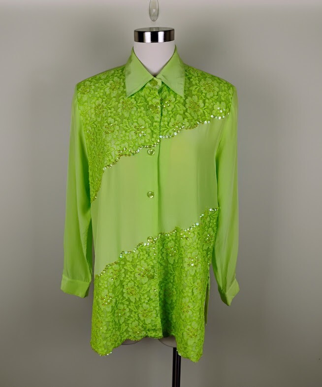 Diane Gilman Vintage Silk Chartreuse Button Up Tunic Shirt Size M Embellished