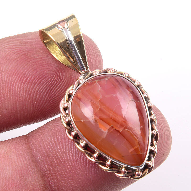 Natural Carnelian Gemstone 925 Sterling Silver Two-Tone Pendant 1.25 Inch
