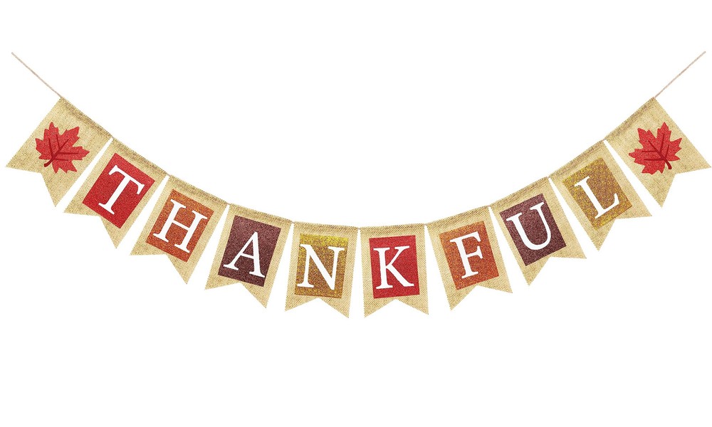 Thankful Burlap Banner with Maple Leaves, Happy Fall Thanksgiving Mantle Fire...