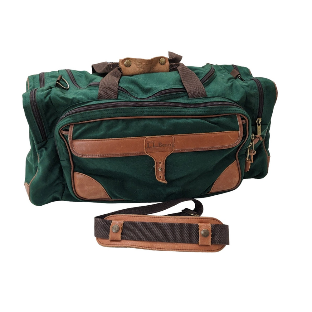 Vintage LL Bean Large Green Canvas Leather Duffle Bag with Shoulder Strap