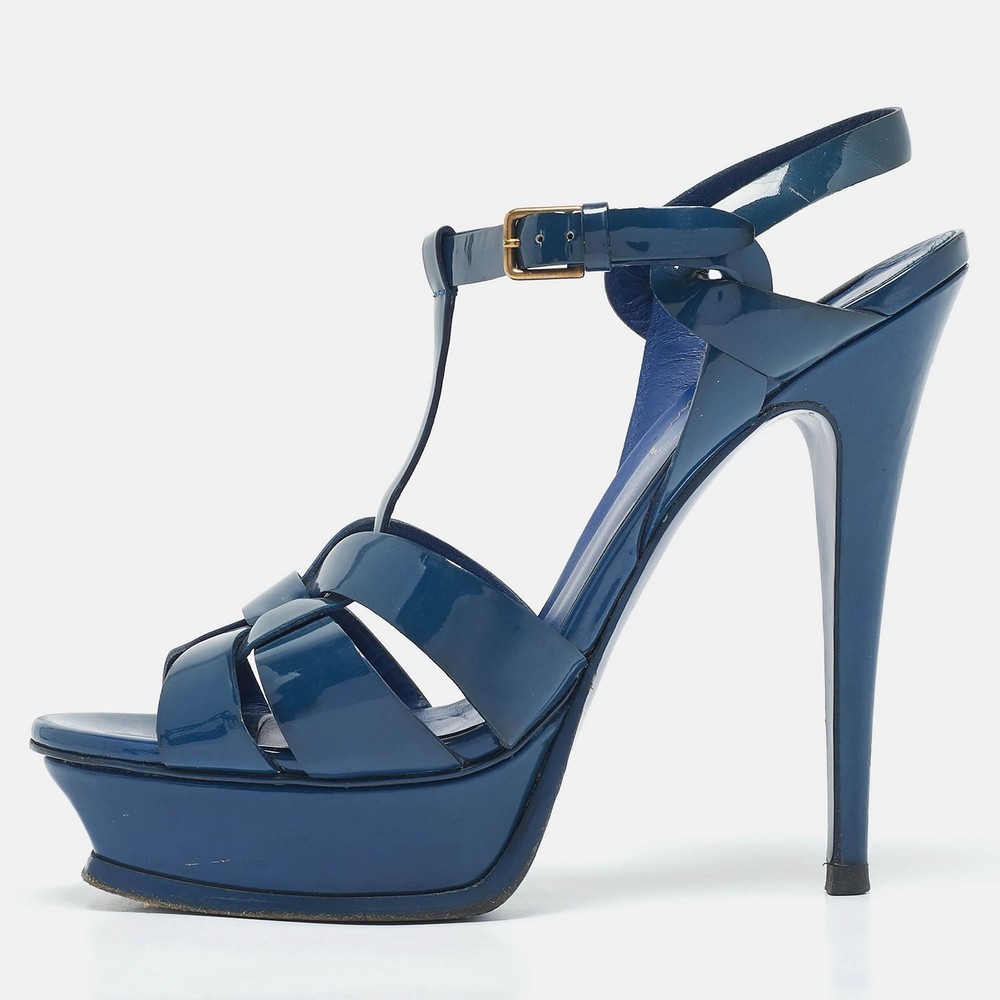 Yves Saint Laurent Blue Patent Leather Tribute Platform Sandals Size 39 EU