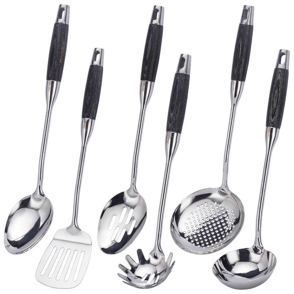 18/10 Stainless Steel Kitchen Utensils Set with Wood Handle - 15” Long Cookin...