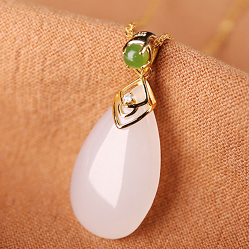 White Jade Water drop Pendant 925 Silver Necklace Jewelry Chalcedony Natural