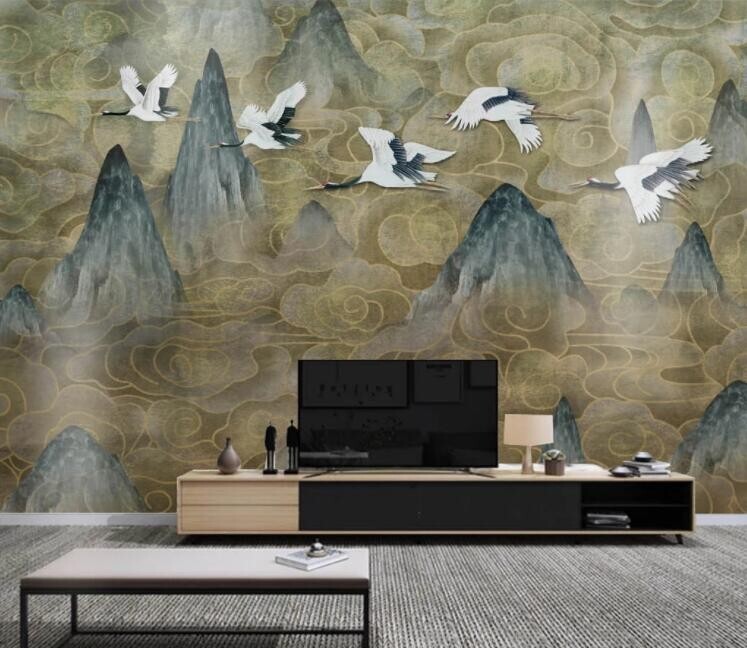 3D Mountain Crane Peel and Stick Self-Adhesive Wall Mural ZHUA40598