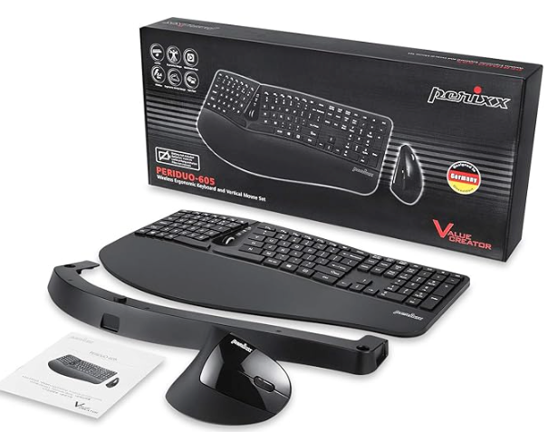Perixx Periduo-605 Wireless Ergonomic Split Keyboard Vertical Mouse Combo Black