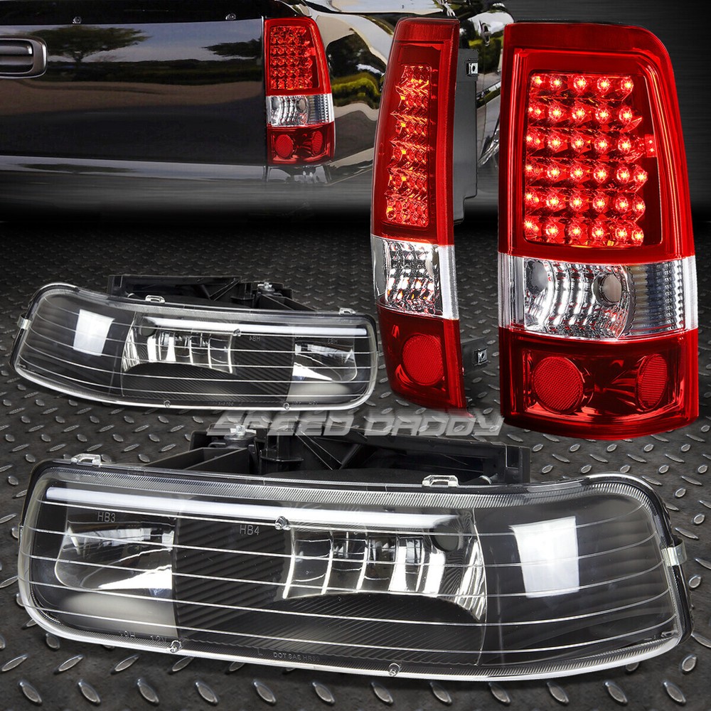 BLACK CRYSTAL HEADLIGHT+CHROME RED LED REAR TAIL LIGHT FOR 99-02 CHEVY SILVERADO