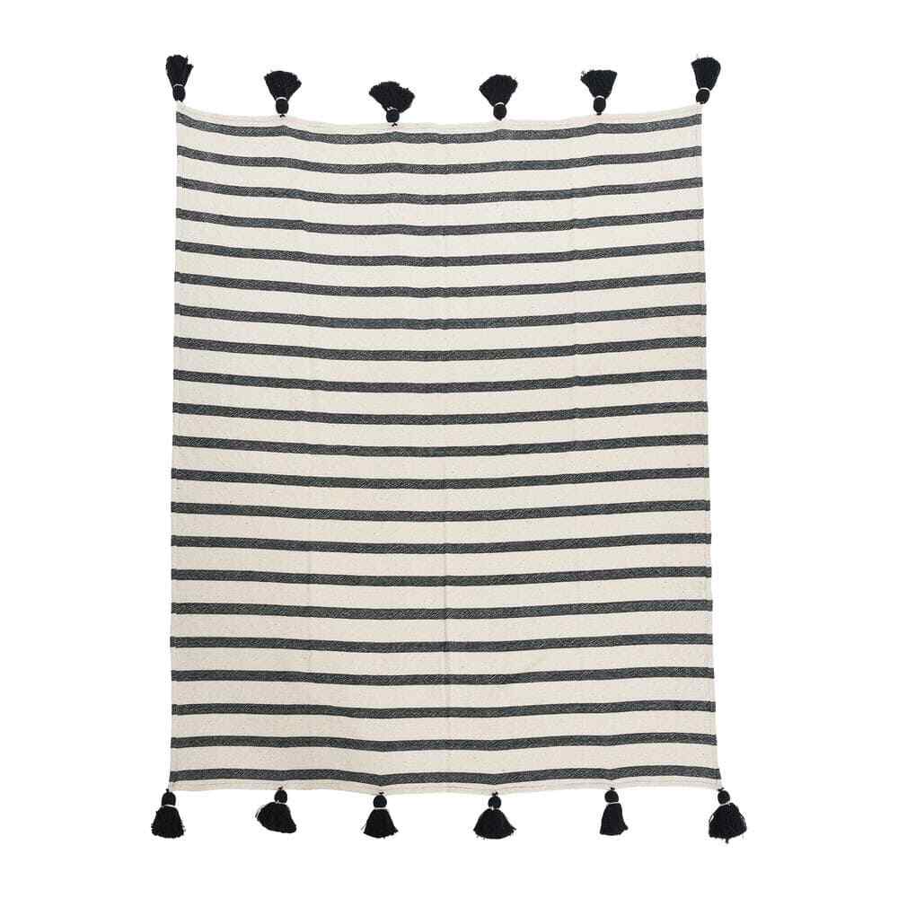Black & Natural Striped Timeless Colors Cotton Throw Blanket Tassels