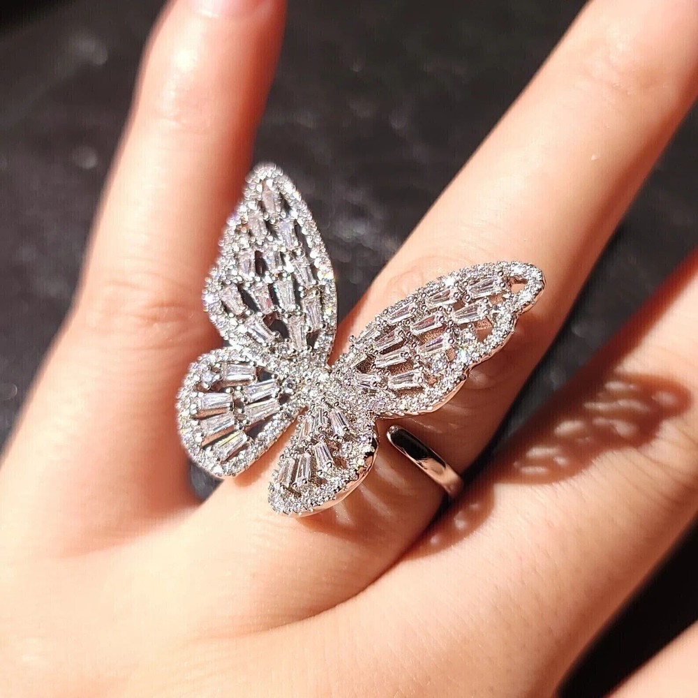 2 Ct Round Simulated Diamond Women's Butterfly Shape Ring 14K White Gold Plated