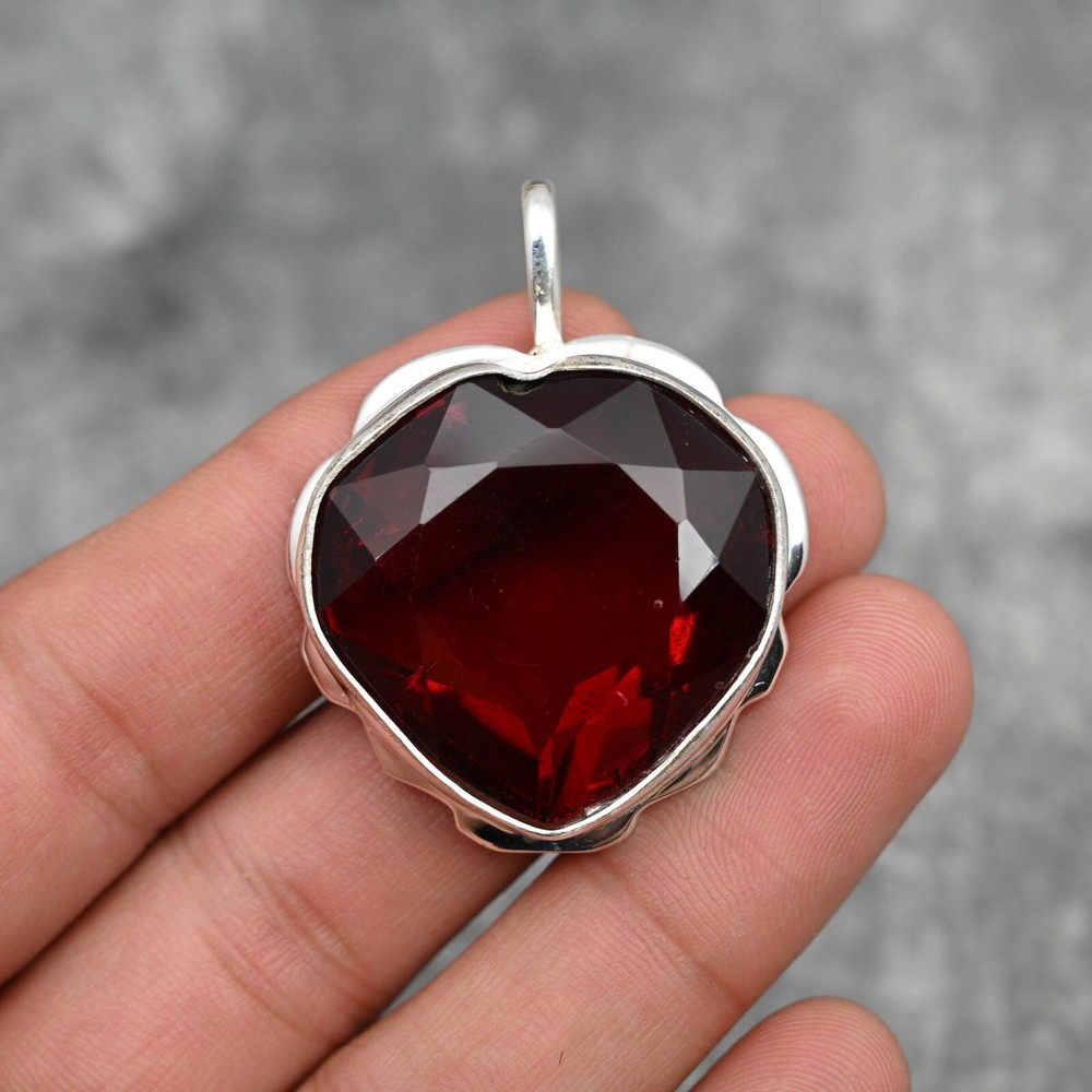 Natural Garnet Heart Pendant in 925 Sterling Silver Handmade Jewelry Gift for Her