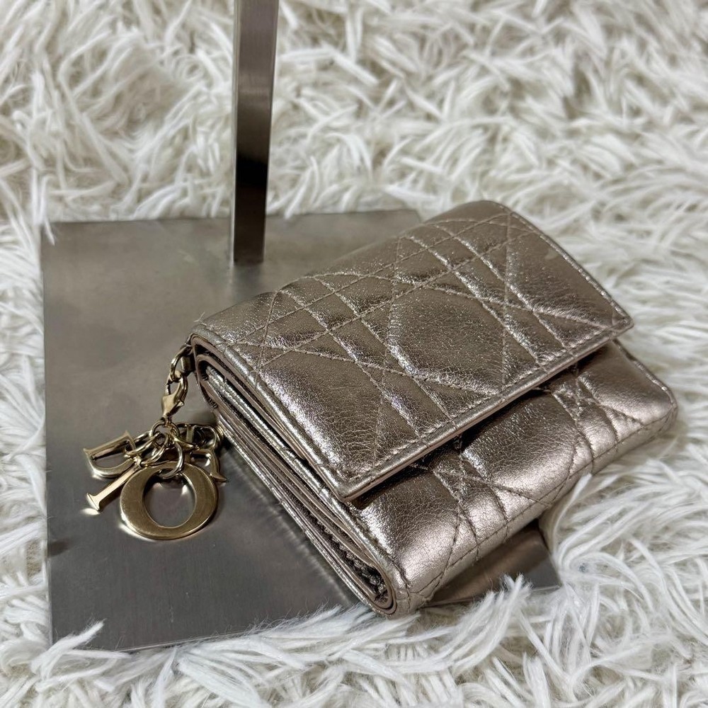 Dior Trifold Wallet Lamb Leather Gold Canage Charm New
