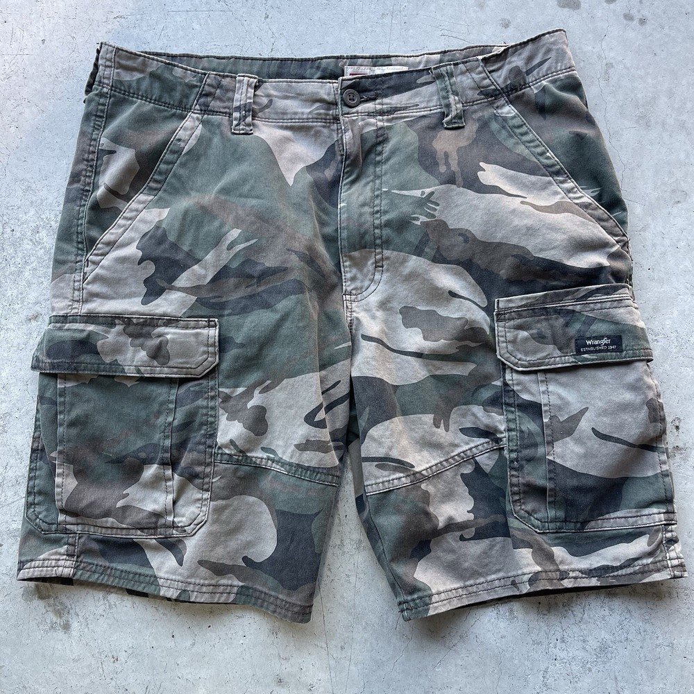 Y2k Wrangler Cargo Shorts Mens 34 Woodland Camo Relaxed Fit Cotton Stretch 9