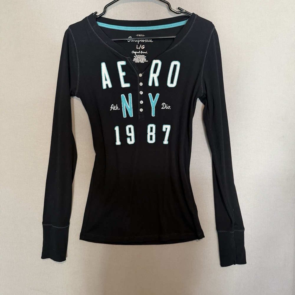 Aeropostale Y2K Henley Spellout Logo Womens Large Black Blue Ribbed Long Sleeve