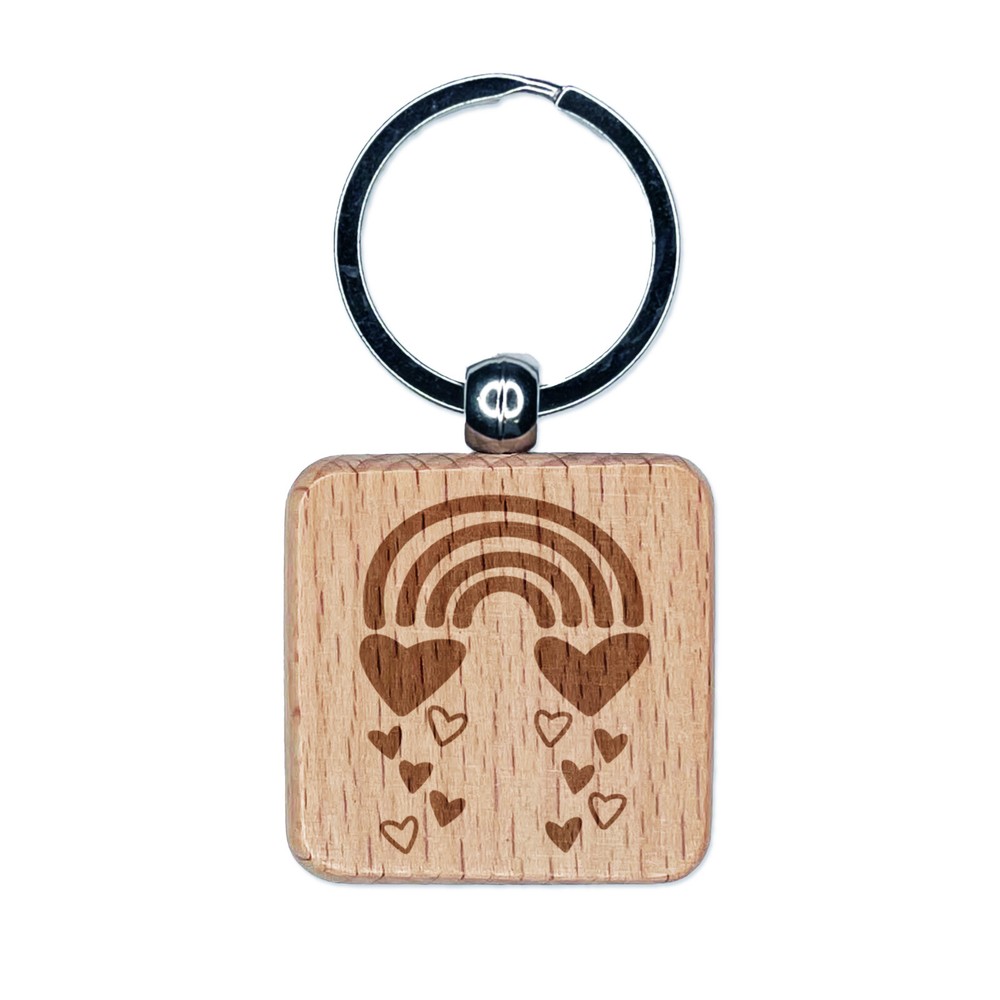 Shower of Love Hearts and Rainbows Engraved Wood Square Keychain Tag Charm