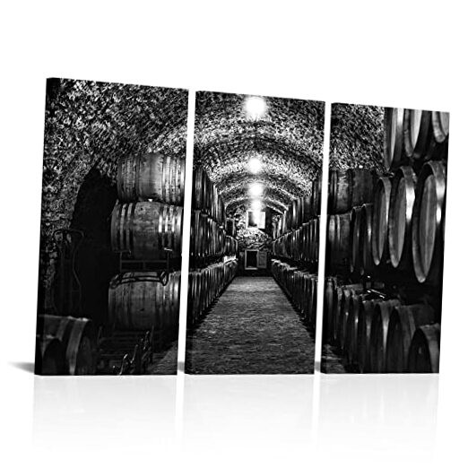 Large 3-Piece Whiskey Cellar Canvas Art with Black & White Wooden Barrels