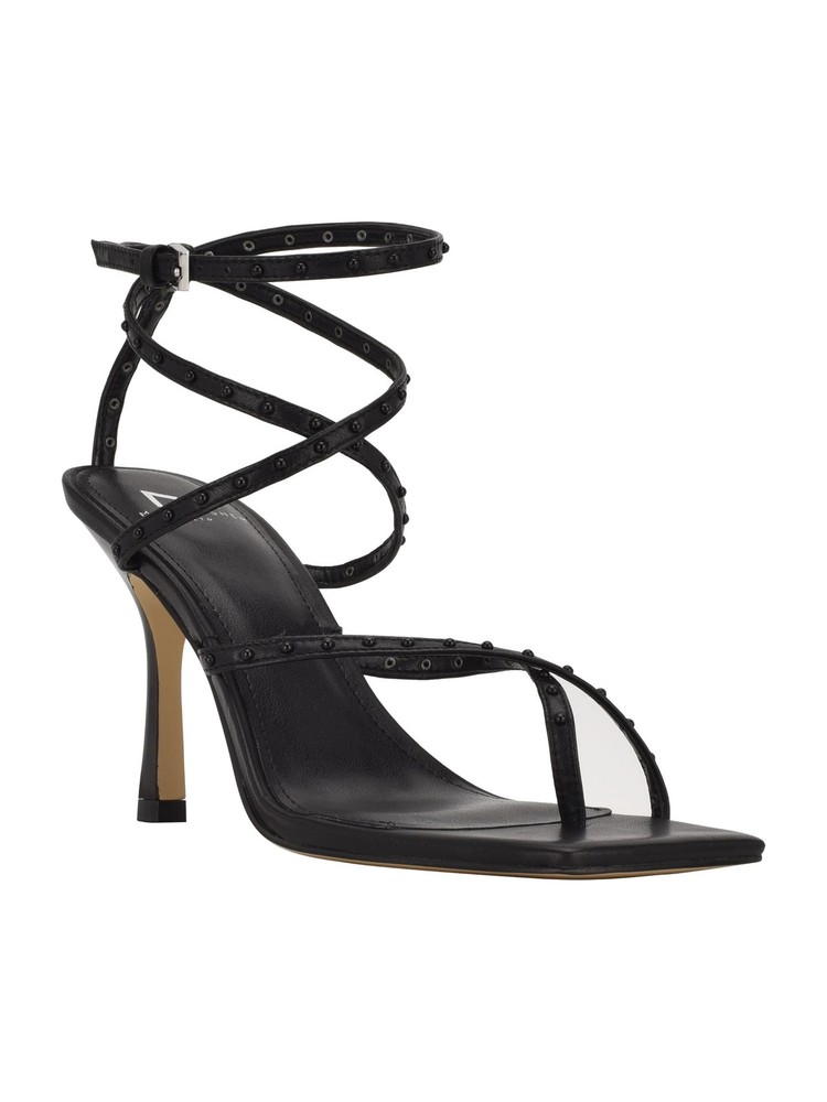 MARC FISHER Womens Black Dallin Square Toe Stiletto Leather Heel Sandal Size 5 M