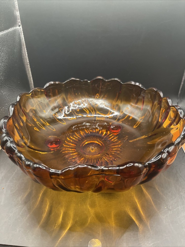 Vintage Indiana Glass Amber Sunflower Bowl 11