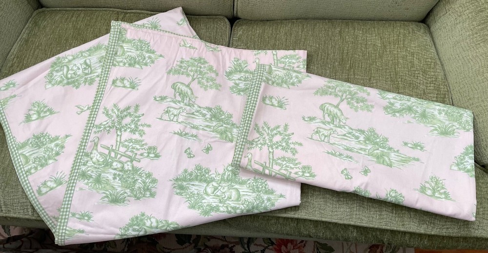 Two (2) Pottery Barn Kids Woodland Pink/Lime Green Drapery Panels 44x84 Inches