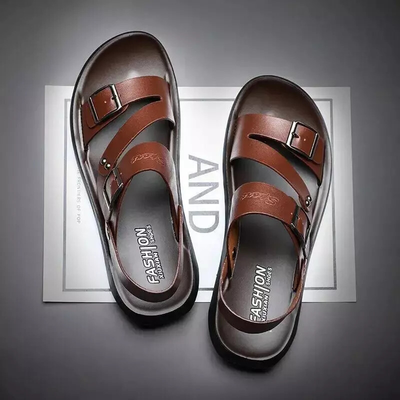 Men's Leather Sandals Summer Casual Beach Slides Soft Comfortable Home & Sports Wear