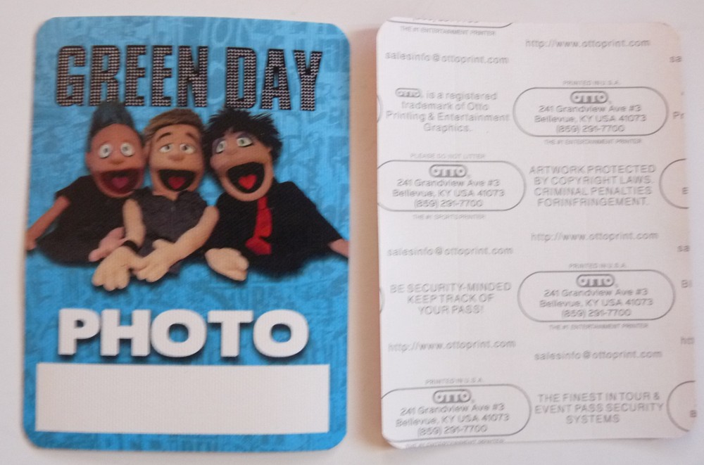 Green Day RARE Muppets Tour Blue Concert Photo Backstage Pass D6