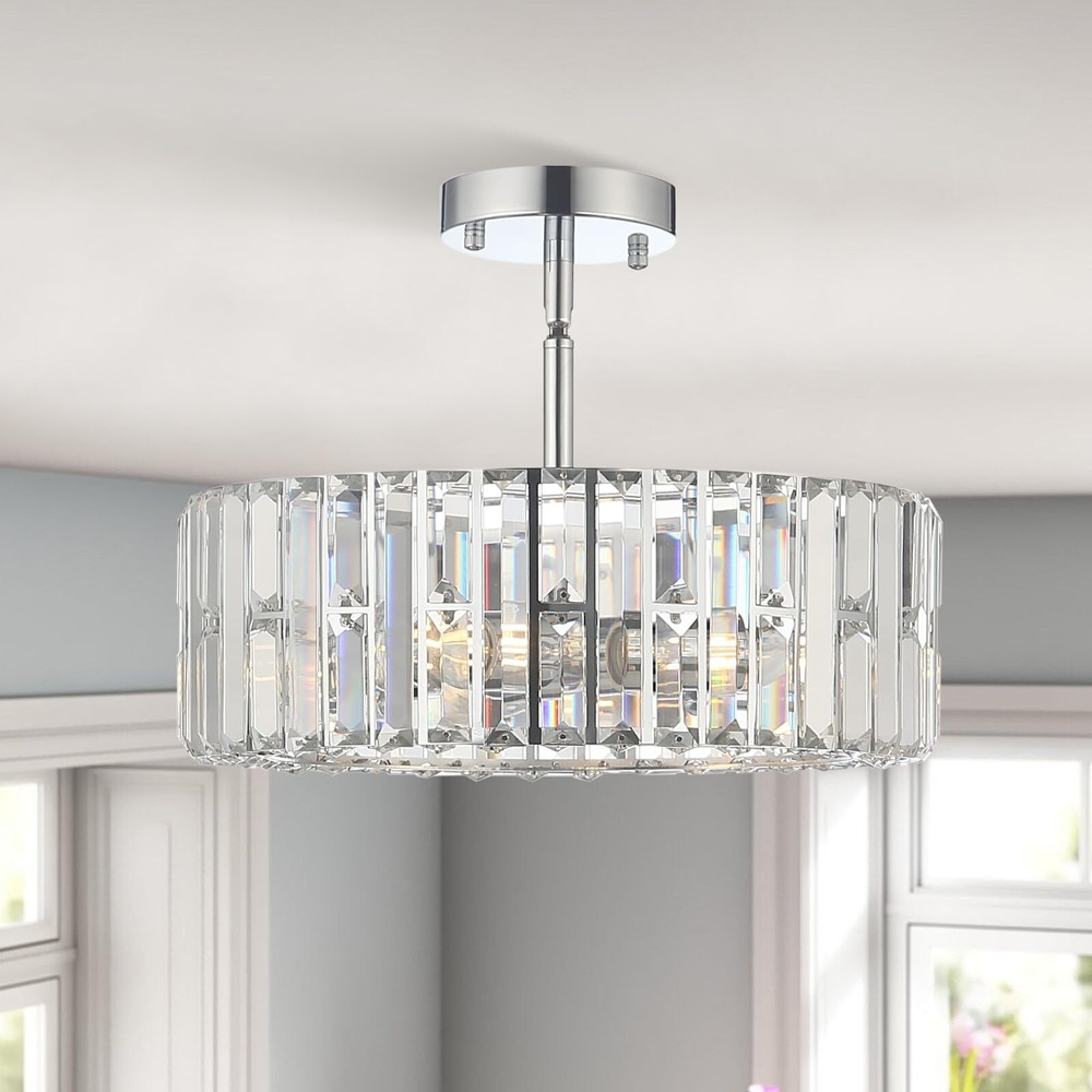 InterMaka Modern Crystal Chandelier 4 Lights, Chrome Semi Flush Mount Ceiling...