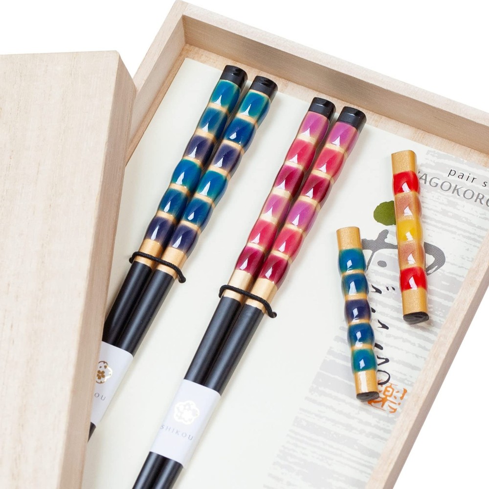 AOBA Handcrafted Japanese Wooden Chopsticks Set with 2 Pairs and Rest
