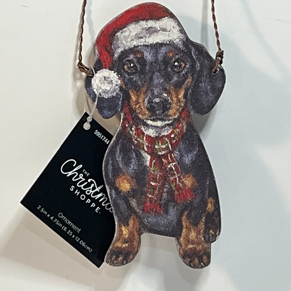 Daschund Dog Wooden Christmas Ornament Santa Hat  4.5