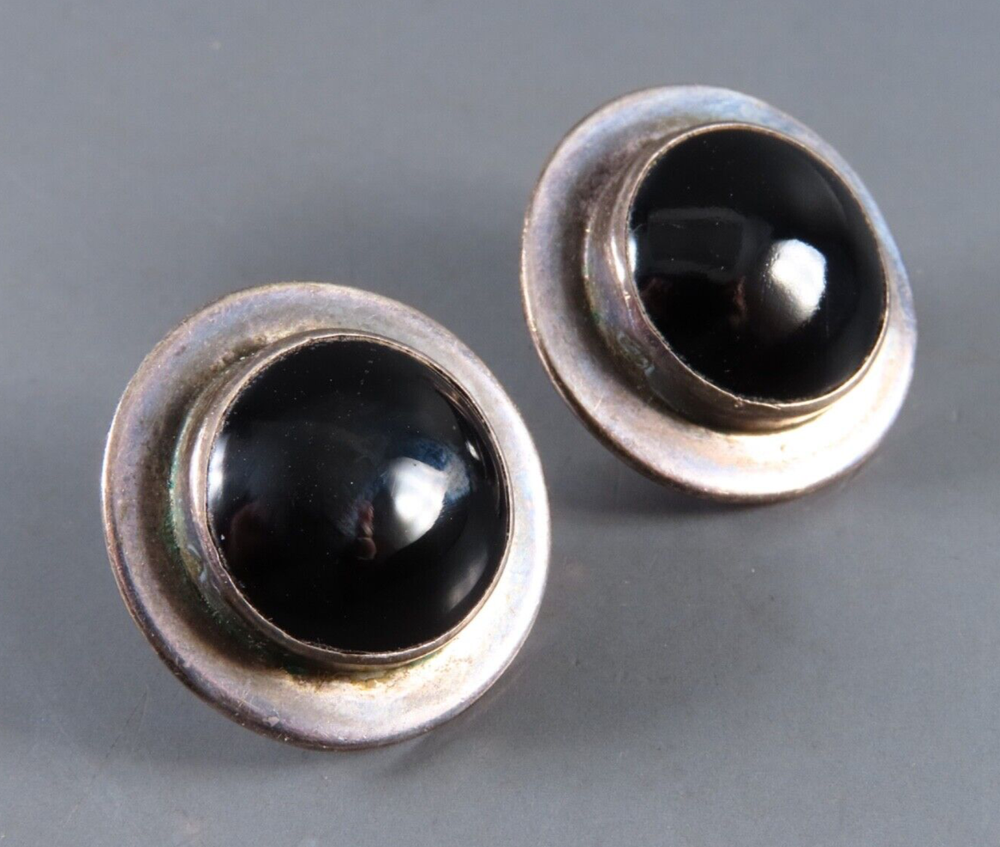 Sterling Silver Modernist Boho Earrings with Black Onyx Round Cabochon