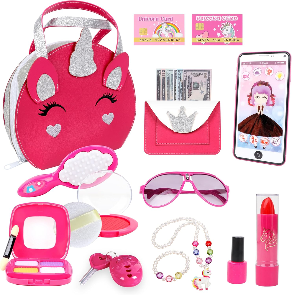 Gift for Kid, Toddler Purse Pretend Play Toys Includes Fake Makeup Kit, Unicorn