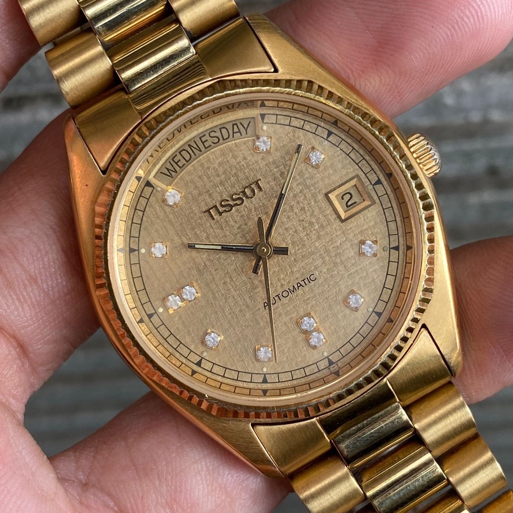 Vintage Tissot President Automatic Day Date Linen Dial Diamond Swiss Watch Rare