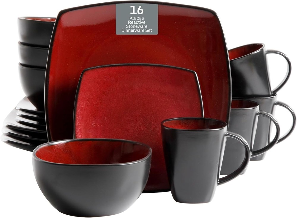 Square Reactive Glaze Dinnerware Set, Red, Service for 4 (16pcs)