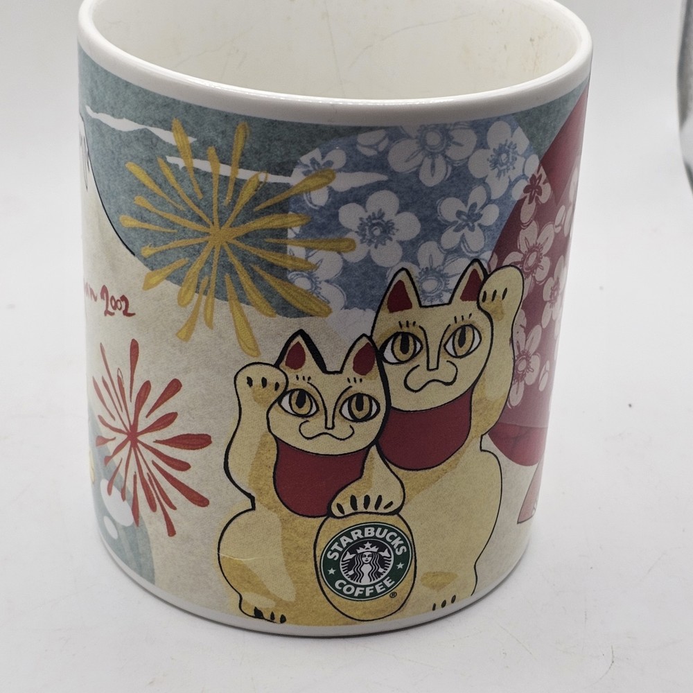 Starbucks Japan Rare 2002 Lucky Waiving Cat Maneki Neko Fuji Mountain Crane Mug