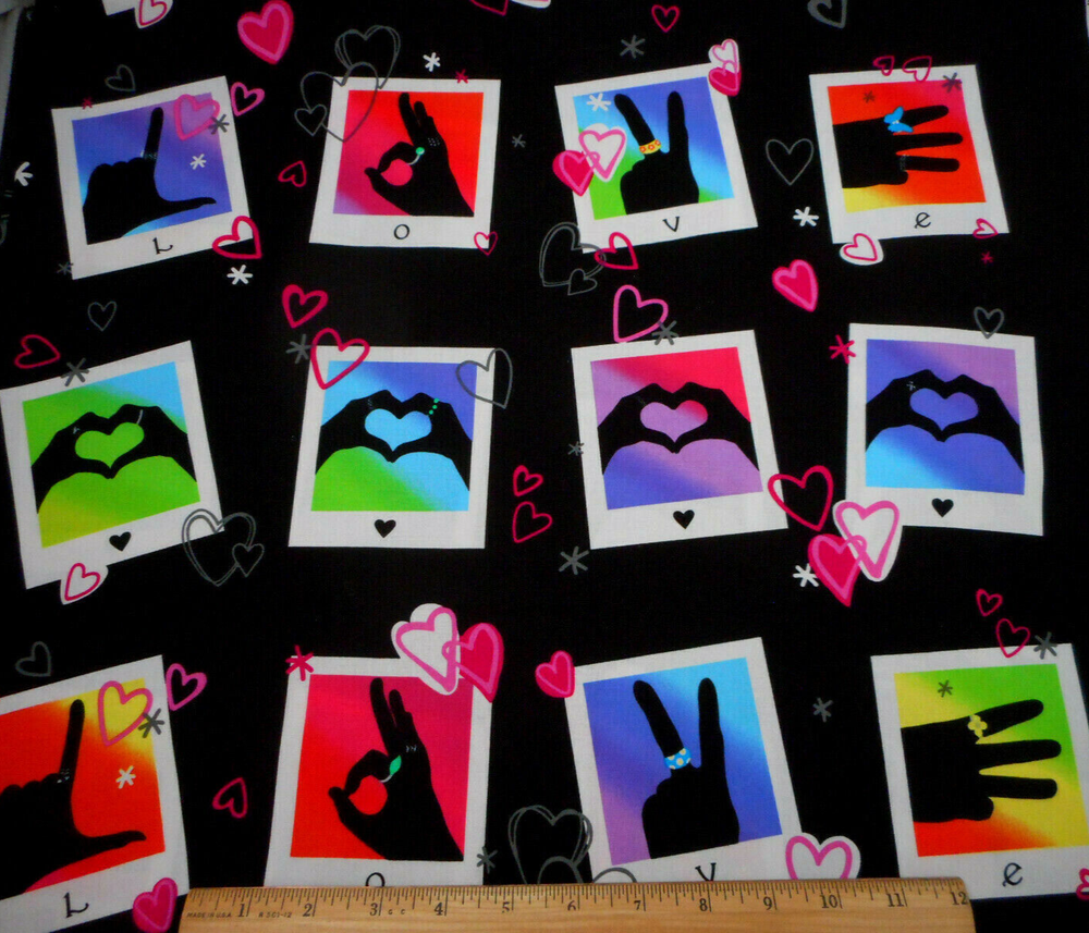 Benartex Cotton Fabric By Yard Signs of Love Sign Language Hearts on Black Vtg