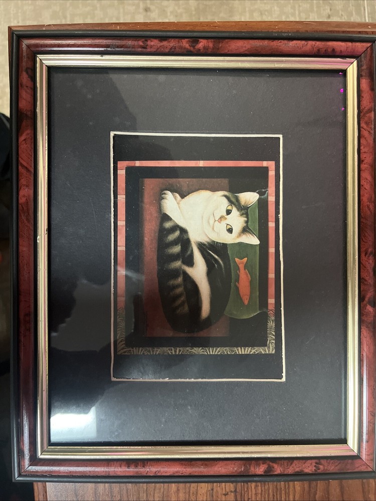 Framed Martin Leman Cat Art with Fishbowl and Playful Feline