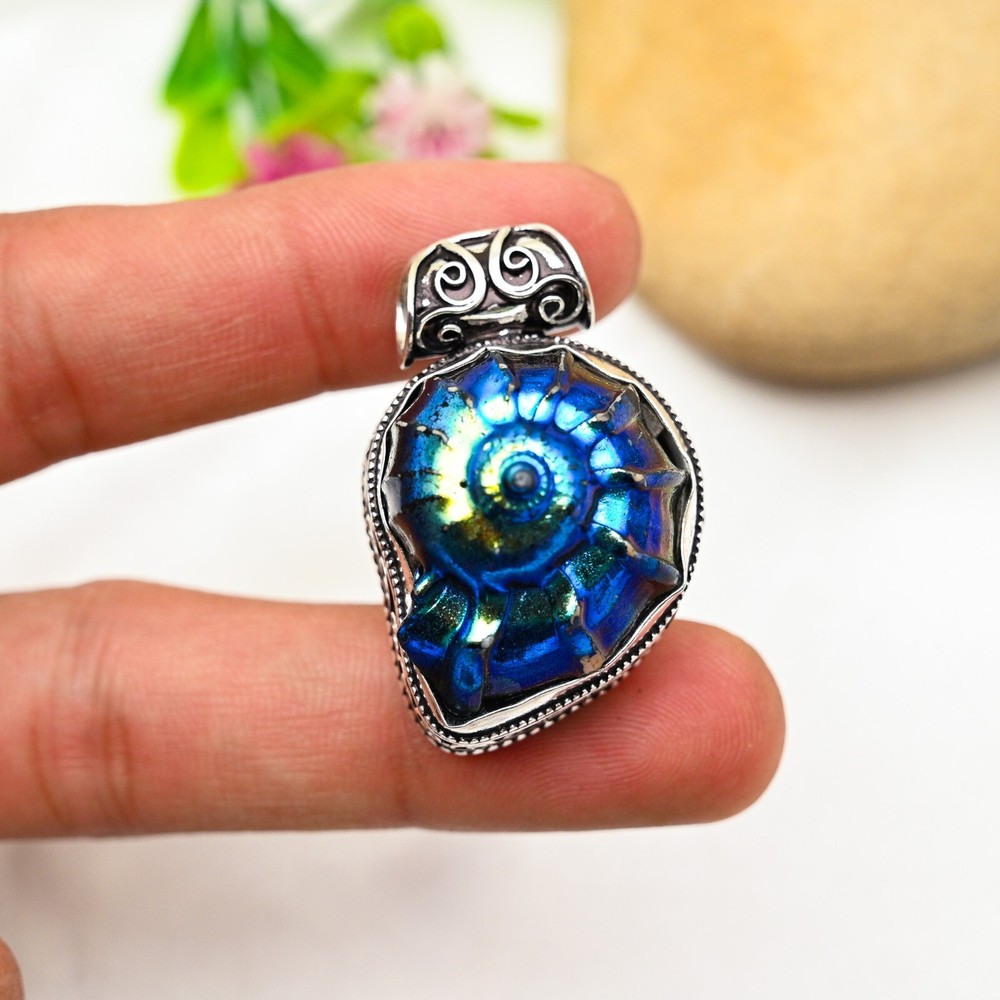 Peacock Aura Shell Gemstone Pendant 925 Sterling Silver Handmade Jewelry Gift