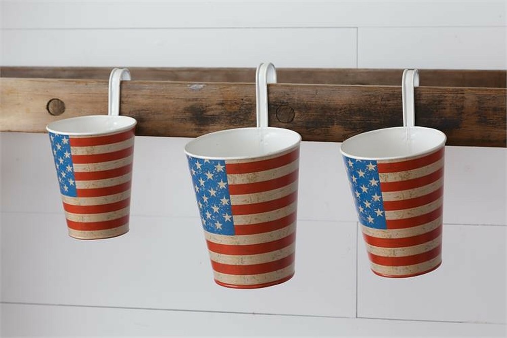 3 American Flag Hanging tin Planters - SALE