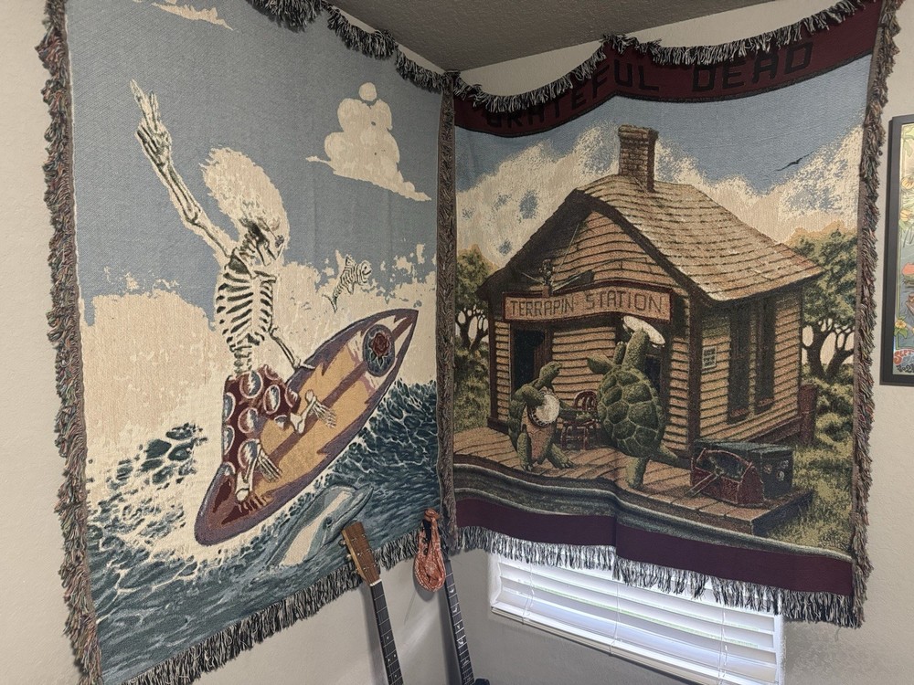 Vintage 1990s Grateful Dead Surf Terp Throw Blanket Tapestry Pair  
