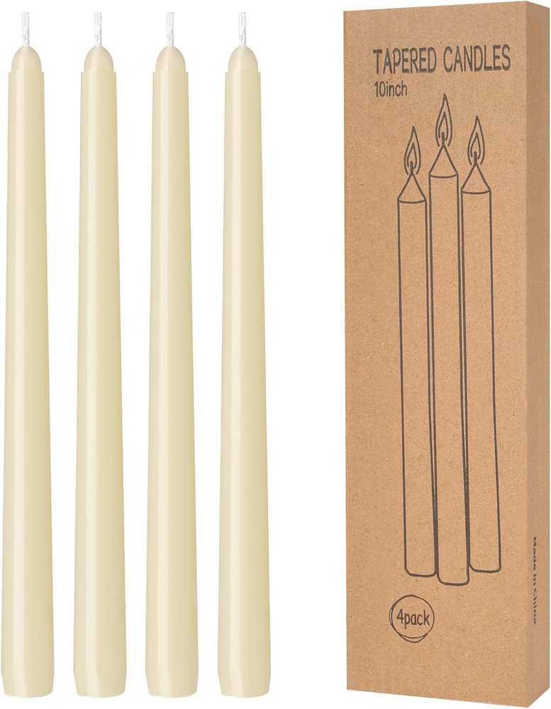 4 Pack Ivory 10 Inch Taper Candles Dripless Smokeless Unscented