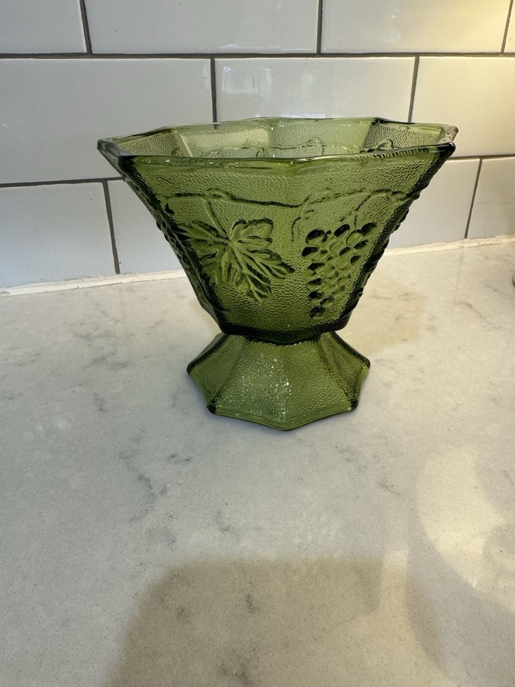 Vintage Anchor Hocking Avocado Green Glass Pedestal Candy Dish Collectible