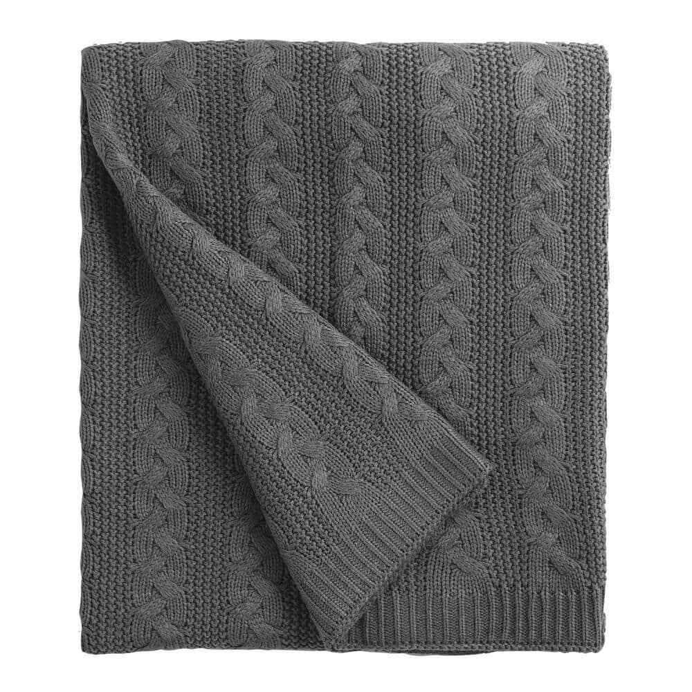 100% Acrylic Cable Knit Gray Throw Blanket