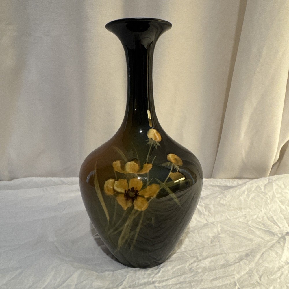 Roseville Rozane Floral Ceramic Vase #838, 8”. Signed Brown W/ Yellow Poppie
