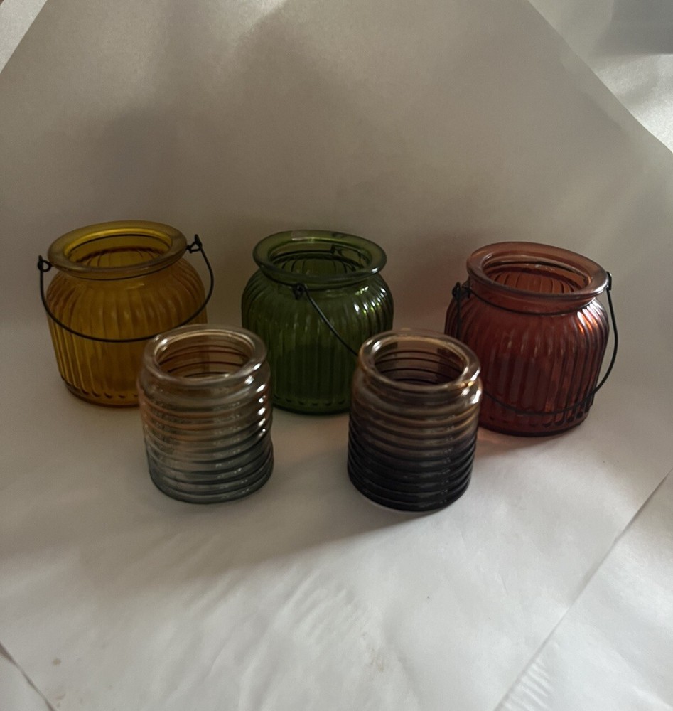 3 World Market Ribbed Glass Lanterns And 2 Tealight Candle Holders