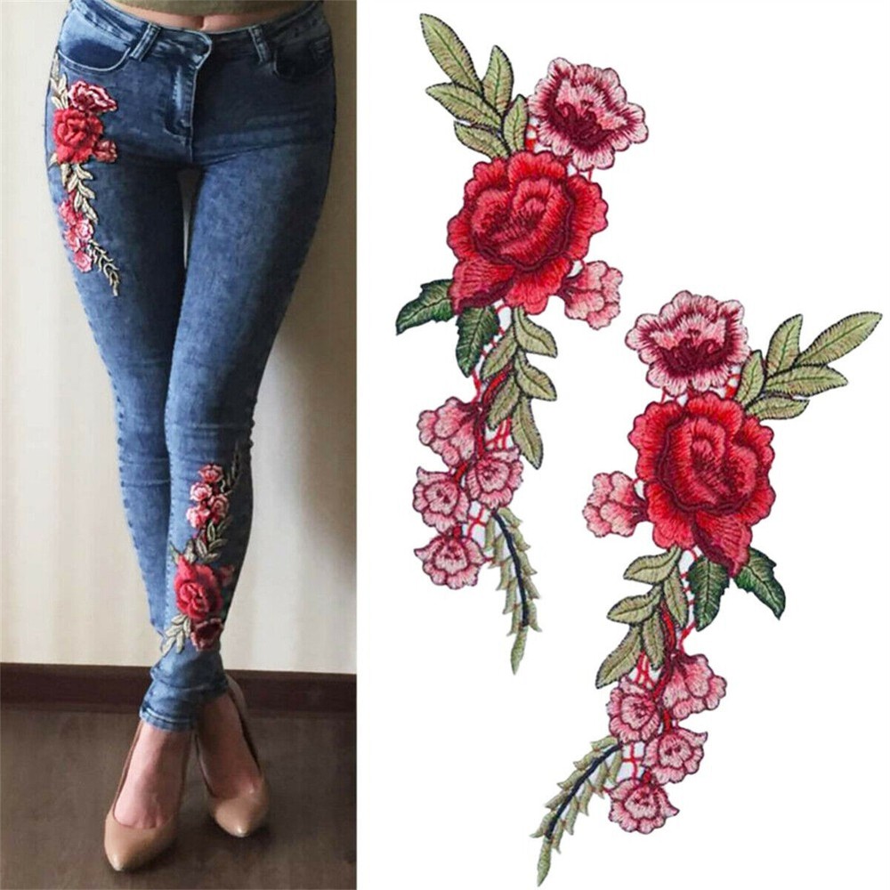 1 Pair Embroidery Rose Flowers Sew Iron On Patch Badge Clothes Fabric Appliques
